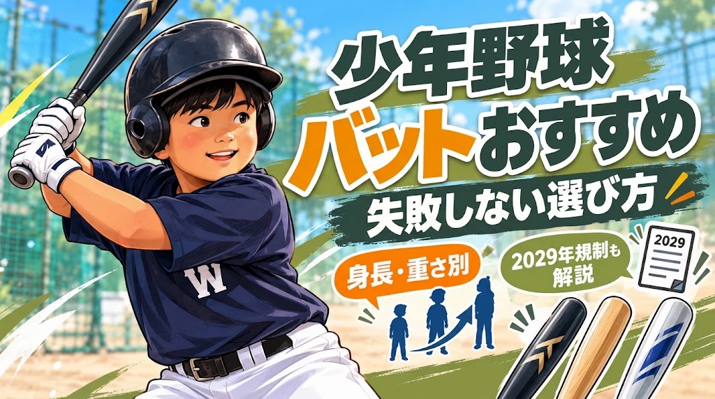 バットを構える少年野球選手のイラストと、「少年野球バットおすすめ 失敗しない選び方」の見出し