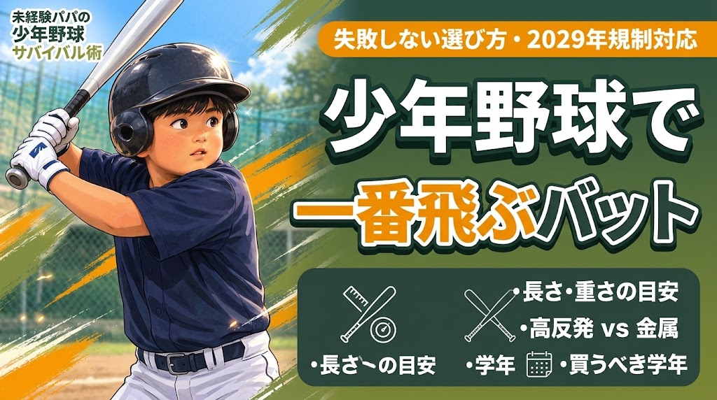 「少年野球で一番飛ぶバット」という大きな見出しと、バットを力強くスイングする少年のアニメ風イラストが描かれたアイキャッチ画像。失敗しない選び方・2029年規制対応として、長さ・重さの目安、高反発 vs 金属、買うべき学年というテキストが添えられています。