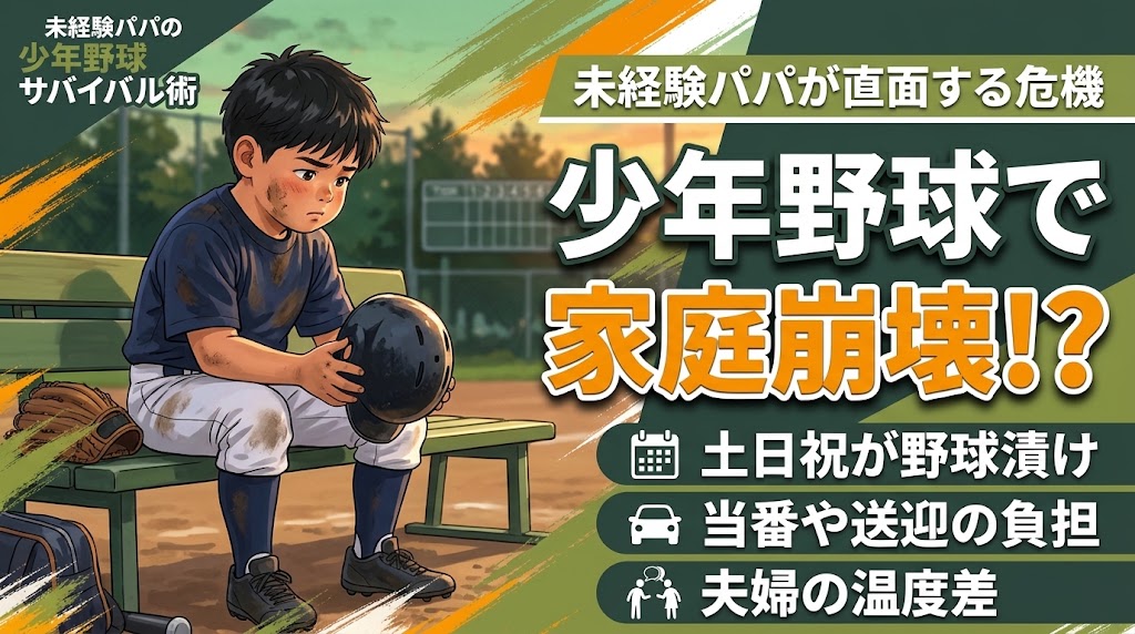 「少年野球で家庭崩壊！？」という大きな見出しと、泥だらけのユニフォームでベンチに座り込む少年のアニメ風イラストが描かれたアイキャッチ画像。未経験パパが直面する危機として、土日祝の野球漬け、当番や送迎の負担、夫婦の温度差というテキストが添えられています。